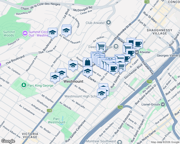 map of restaurants, bars, coffee shops, grocery stores, and more near 388 Avenue Olivier in Westmount