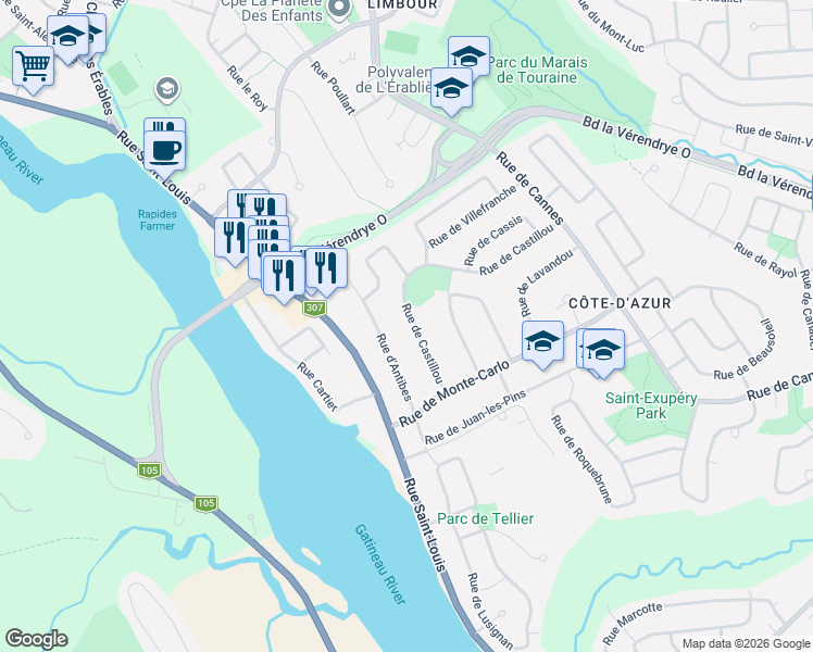 map of restaurants, bars, coffee shops, grocery stores, and more near 15 Rue de Castillou in Gatineau