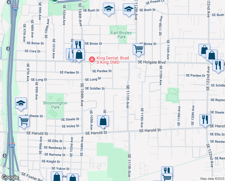map of restaurants, bars, coffee shops, grocery stores, and more near 10843 Southeast Schiller Street in Portland