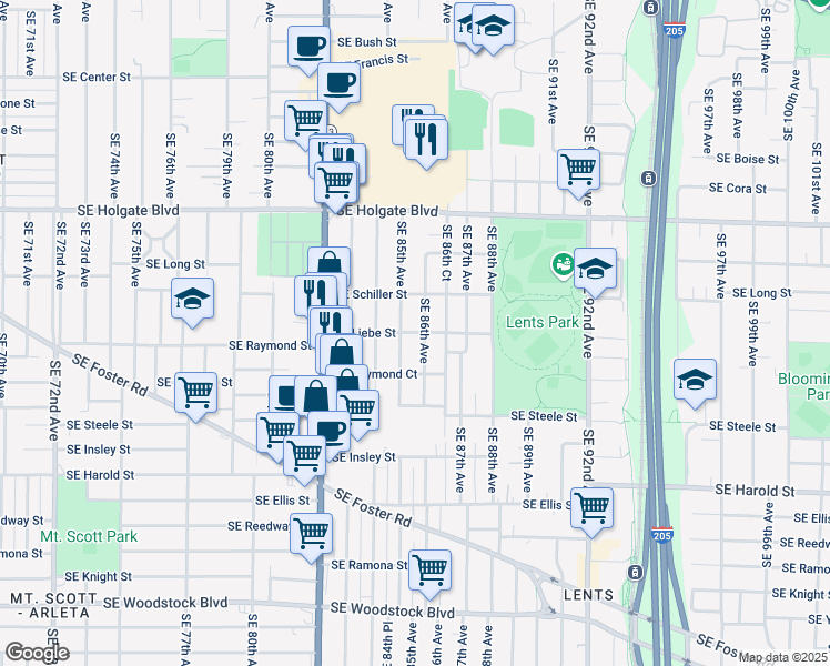 map of restaurants, bars, coffee shops, grocery stores, and more near 4830 Southeast 85th Avenue in Portland