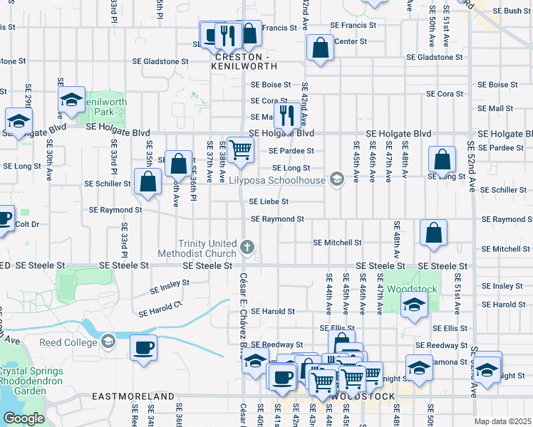 map of restaurants, bars, coffee shops, grocery stores, and more near 3931 Southeast Liebe Street in Portland