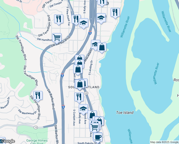 map of restaurants, bars, coffee shops, grocery stores, and more near 4980 South Landing Drive in Portland