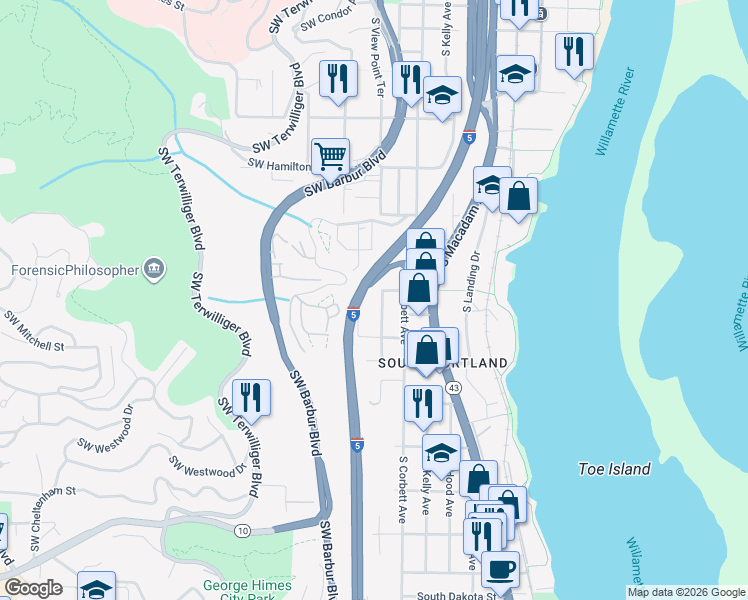 map of restaurants, bars, coffee shops, grocery stores, and more near 05 Southwest Richardson Street in Portland