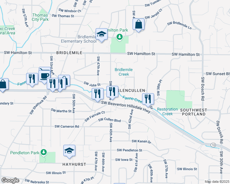 map of restaurants, bars, coffee shops, grocery stores, and more near 4910 Southwest 45th Avenue in Portland