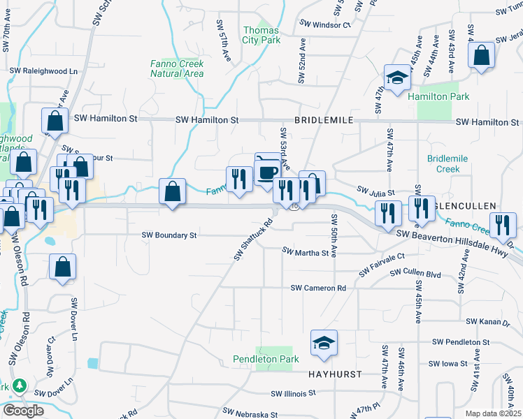 map of restaurants, bars, coffee shops, grocery stores, and more near 5431 Southwest Beaverton Hillsdale Highway in Portland