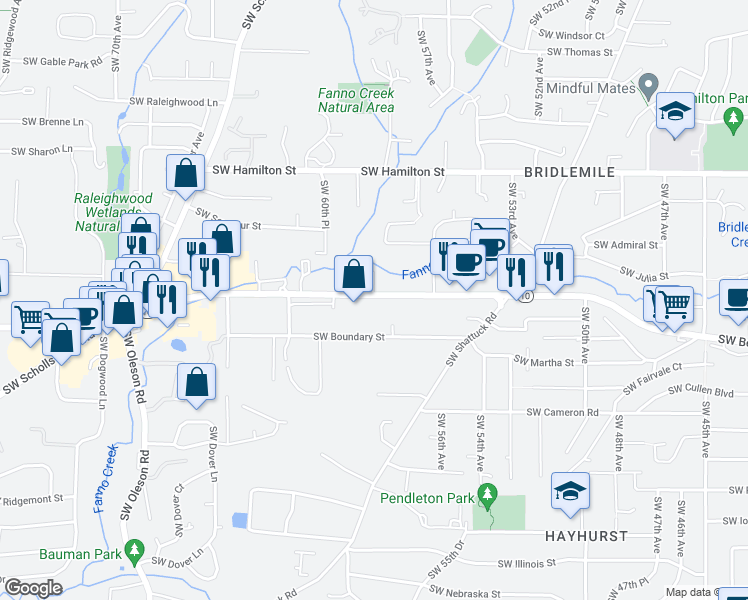 map of restaurants, bars, coffee shops, grocery stores, and more near 5839 Southwest Beaverton Hillsdale Highway in Portland