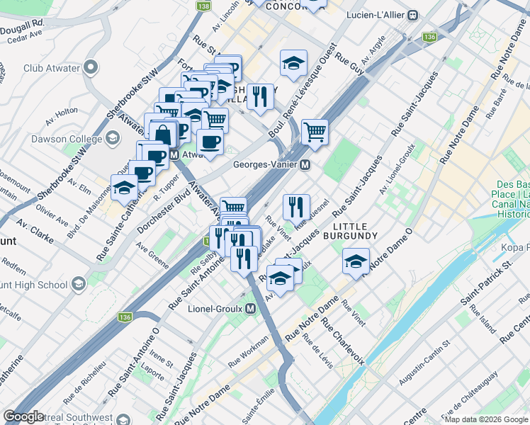 map of restaurants, bars, coffee shops, grocery stores, and more near 2424 Rue Saint-Antoine Ouest in Montréal