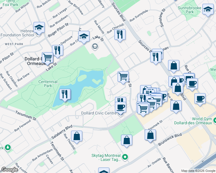 map of restaurants, bars, coffee shops, grocery stores, and more near 120 Rue Donnacona in Dollard-des-Ormeaux