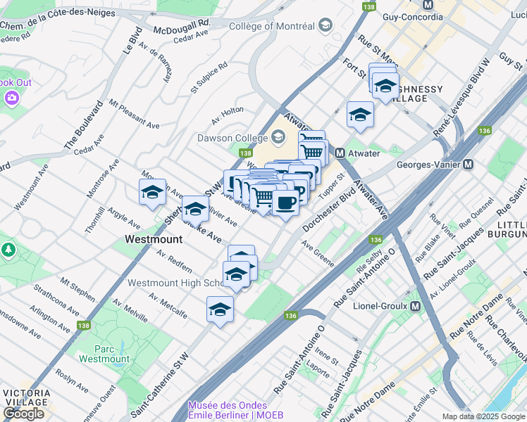 map of restaurants, bars, coffee shops, grocery stores, and more near 4151 Boulevard de Maisonneuve Ouest in Westmount
