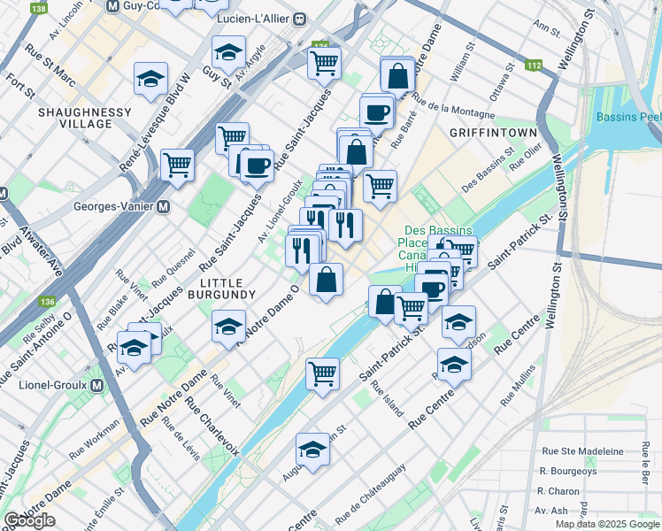map of restaurants, bars, coffee shops, grocery stores, and more near in Montreal