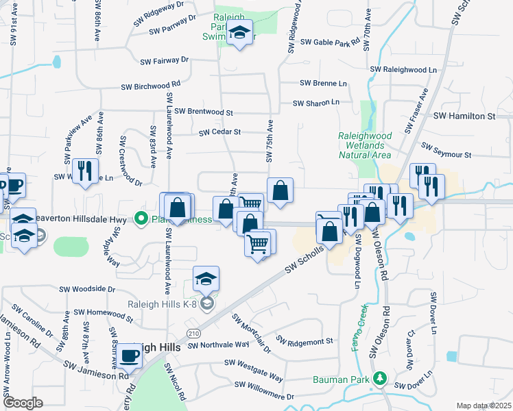 map of restaurants, bars, coffee shops, grocery stores, and more near 7625 Southwest Maple Drive in Portland