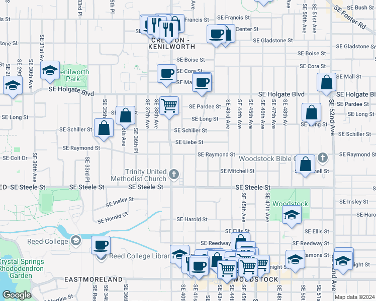map of restaurants, bars, coffee shops, grocery stores, and more near 4826 Southeast 41st Avenue in Portland