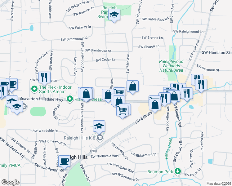 map of restaurants, bars, coffee shops, grocery stores, and more near 7725 Southwest Maple Drive in Portland