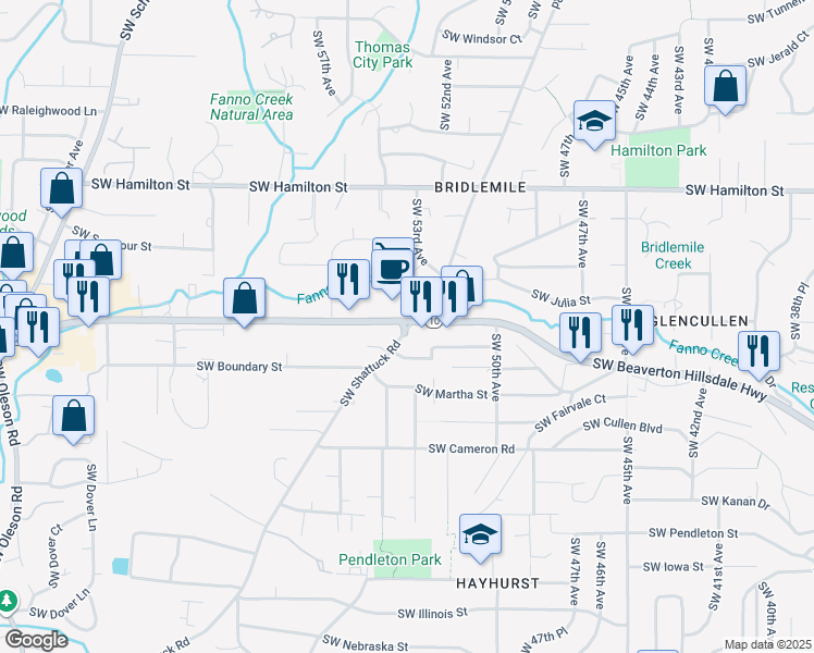 map of restaurants, bars, coffee shops, grocery stores, and more near 5133 Southwest Shattuck Road in Portland