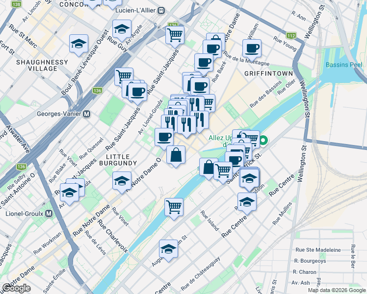 map of restaurants, bars, coffee shops, grocery stores, and more near 370 Rue des Seigneurs in Montréal