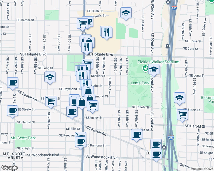 map of restaurants, bars, coffee shops, grocery stores, and more near 8537 Southeast Liebe Street in Portland