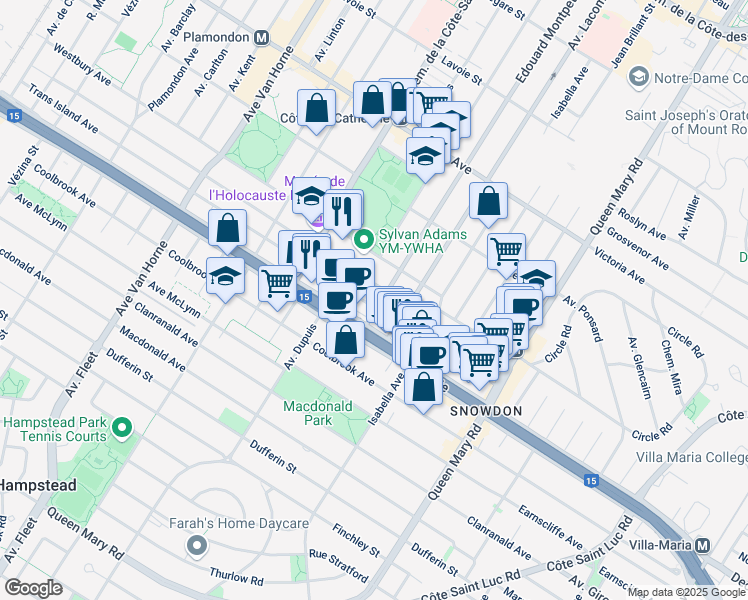 map of restaurants, bars, coffee shops, grocery stores, and more near 5455 Avenue Trans Island in Montréal