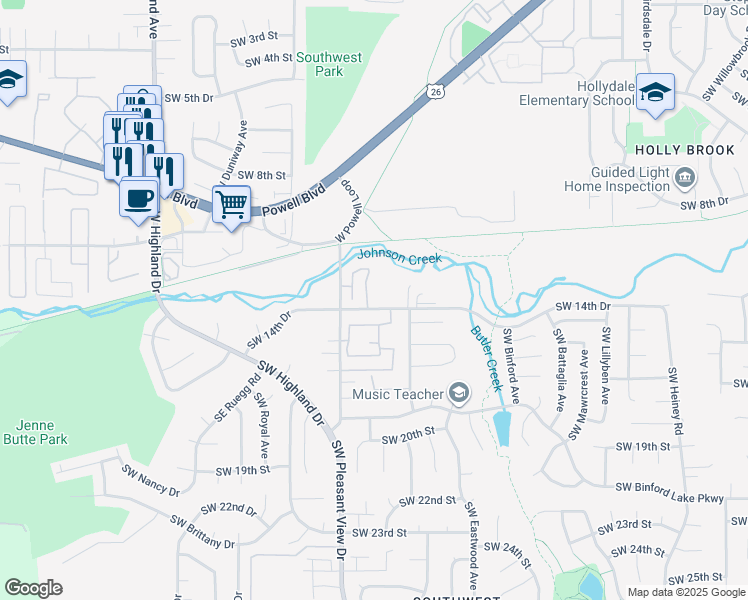 map of restaurants, bars, coffee shops, grocery stores, and more near 1324 Southwest Pleasant View Drive in Gresham