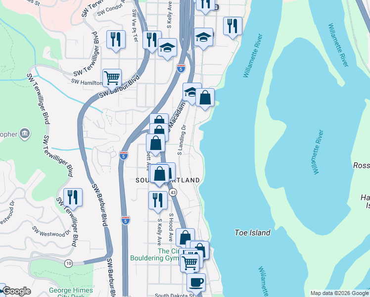 map of restaurants, bars, coffee shops, grocery stores, and more near 5050 South Landing Drive in Portland