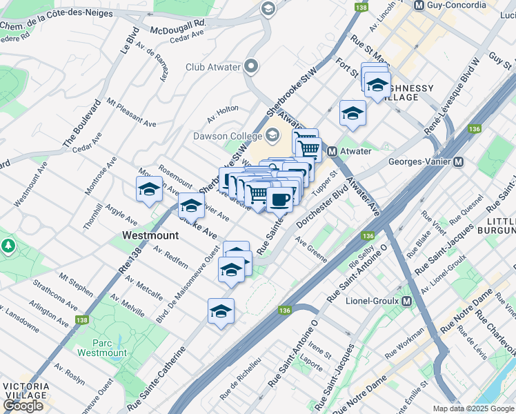 map of restaurants, bars, coffee shops, grocery stores, and more near in Westmount