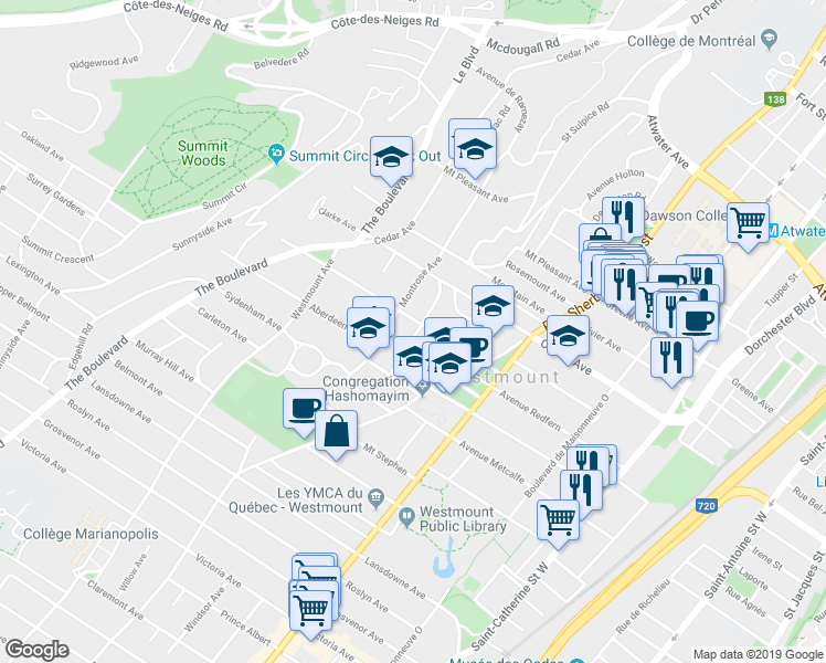 map of restaurants, bars, coffee shops, grocery stores, and more near 39 Avenue Thornhill in Westmount