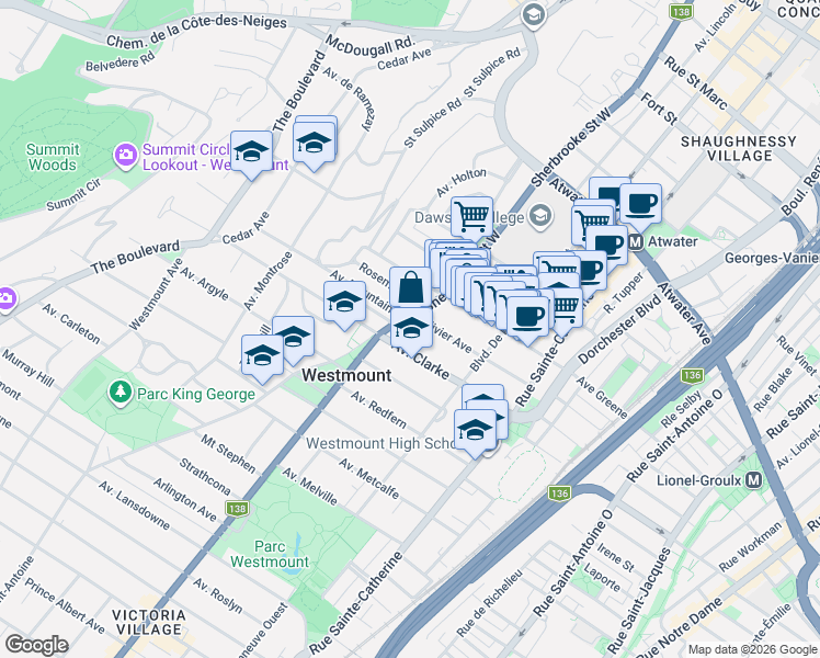 map of restaurants, bars, coffee shops, grocery stores, and more near 4278 Rue Sherbrooke Ouest in Westmount