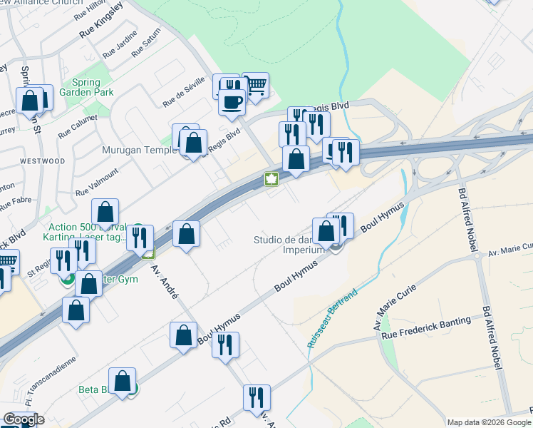 map of restaurants, bars, coffee shops, grocery stores, and more near 1550 Route Transcanadienne in Montréal