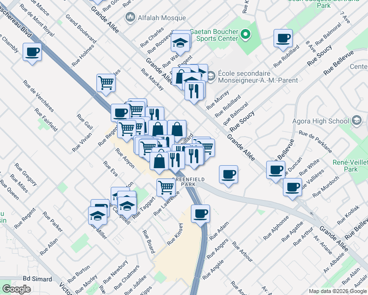 map of restaurants, bars, coffee shops, grocery stores, and more near 3996 Rue Mance in Longueuil