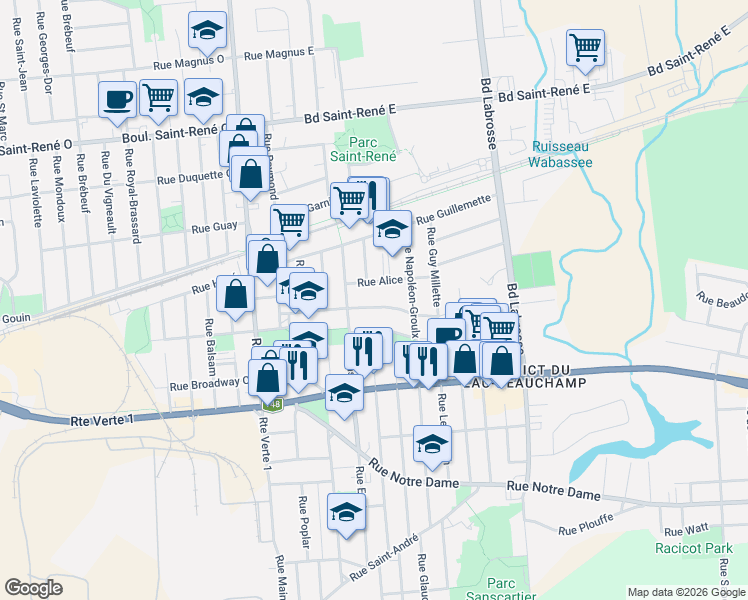 map of restaurants, bars, coffee shops, grocery stores, and more near 275 Rue Saint-James in Gatineau