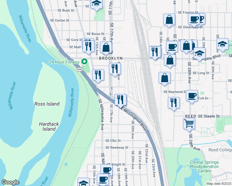 map of restaurants, bars, coffee shops, grocery stores, and more near 4855 Southeast 18th Avenue in Portland
