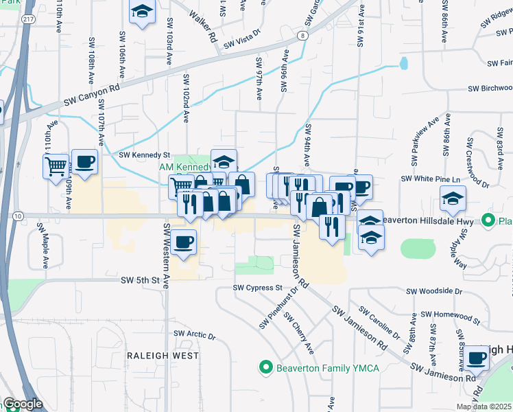 map of restaurants, bars, coffee shops, grocery stores, and more near 9725 Southwest Beaverton Hillsdale Highway in Beaverton