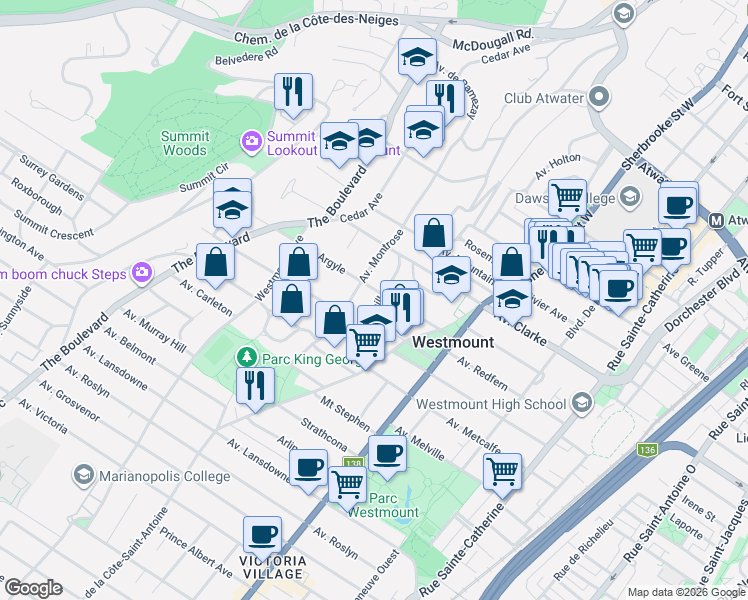 map of restaurants, bars, coffee shops, grocery stores, and more near 39 Avenue Thornhill in Westmount