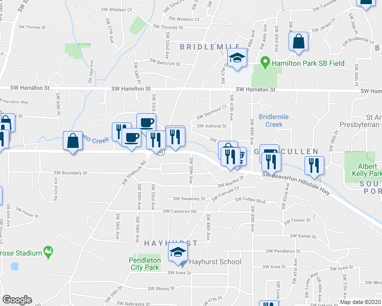 map of restaurants, bars, coffee shops, grocery stores, and more near 5105 Southwest 50th Avenue in Portland