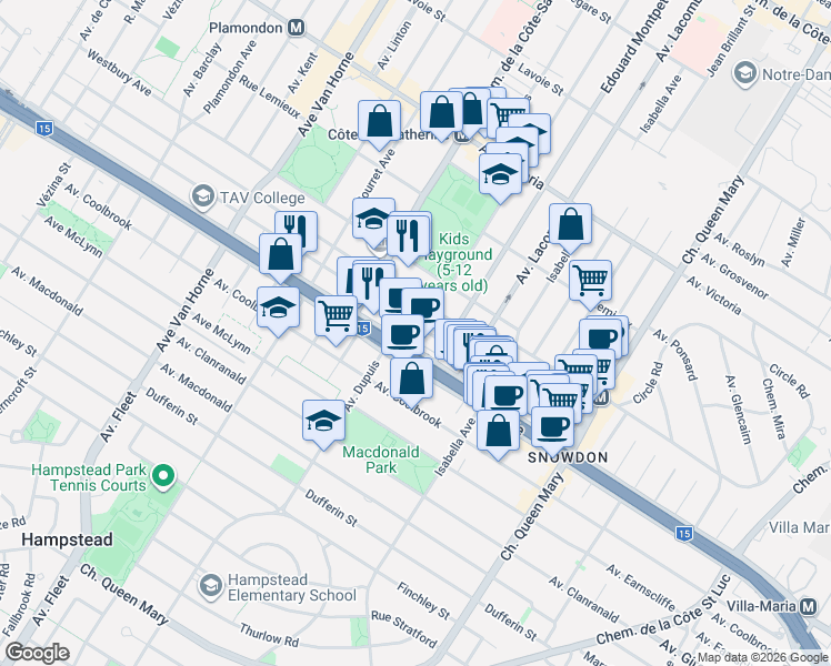 map of restaurants, bars, coffee shops, grocery stores, and more near 5488 Avenue Trans Island in Montréal