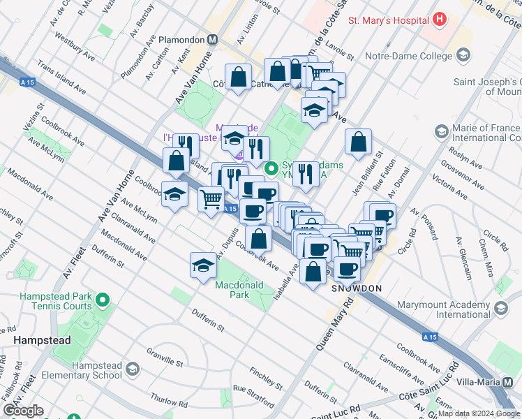 map of restaurants, bars, coffee shops, grocery stores, and more near 5488 Avenue Trans Island in Montréal