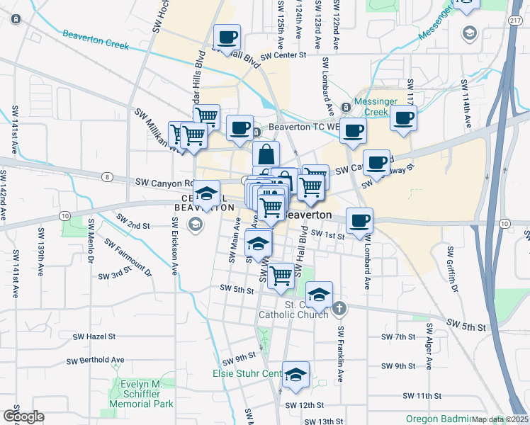 map of restaurants, bars, coffee shops, grocery stores, and more near 4500 Southwest Watson Avenue in Beaverton