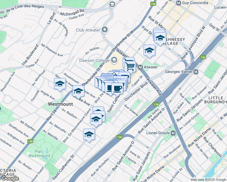 map of restaurants, bars, coffee shops, grocery stores, and more near 3 Carré Westmount in Westmount