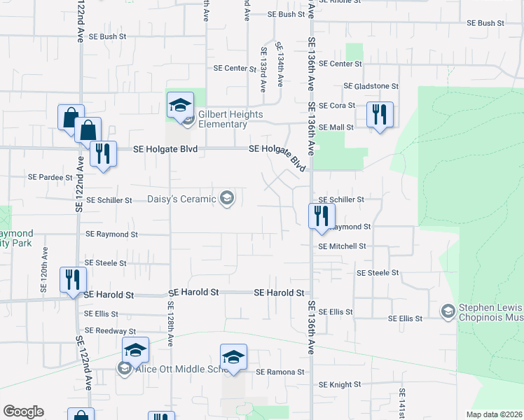 map of restaurants, bars, coffee shops, grocery stores, and more near 4745 Southeast 133rd Drive in Portland
