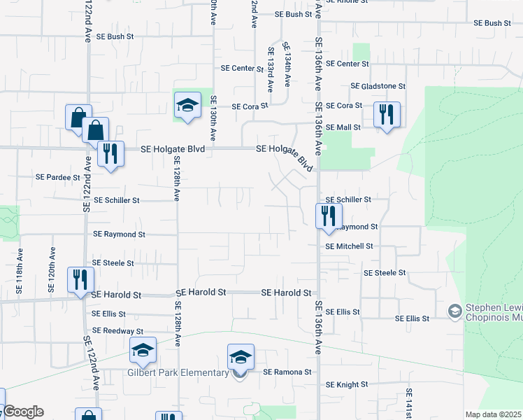 map of restaurants, bars, coffee shops, grocery stores, and more near 13204 Southeast Long Street in Portland