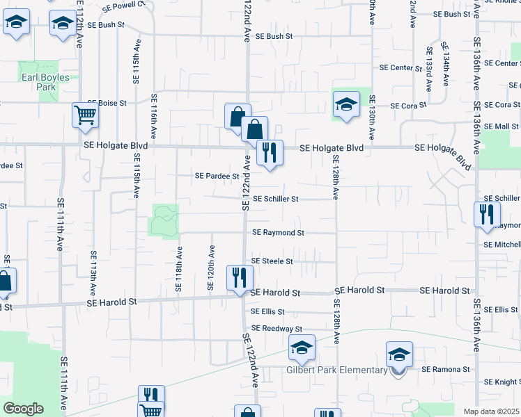 map of restaurants, bars, coffee shops, grocery stores, and more near 12253 Southeast Schiller Street in Portland