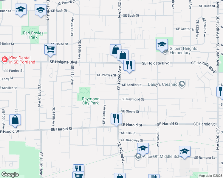 map of restaurants, bars, coffee shops, grocery stores, and more near 12014 Southeast Schiller Street in Portland