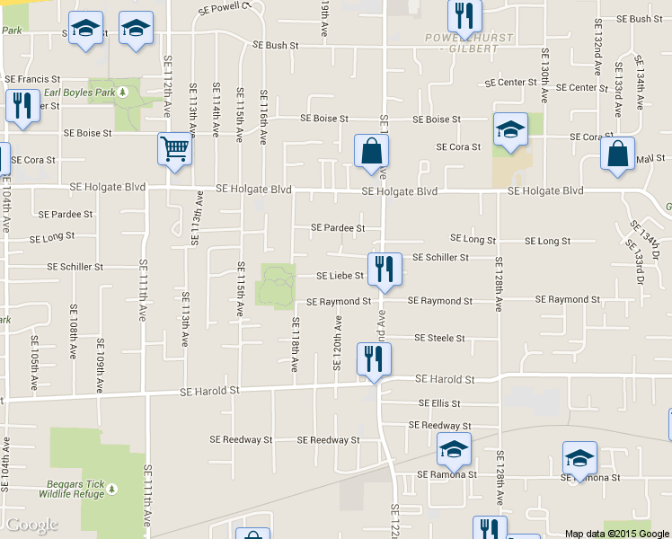 map of restaurants, bars, coffee shops, grocery stores, and more near 12014 Southeast Schiller Street in Portland