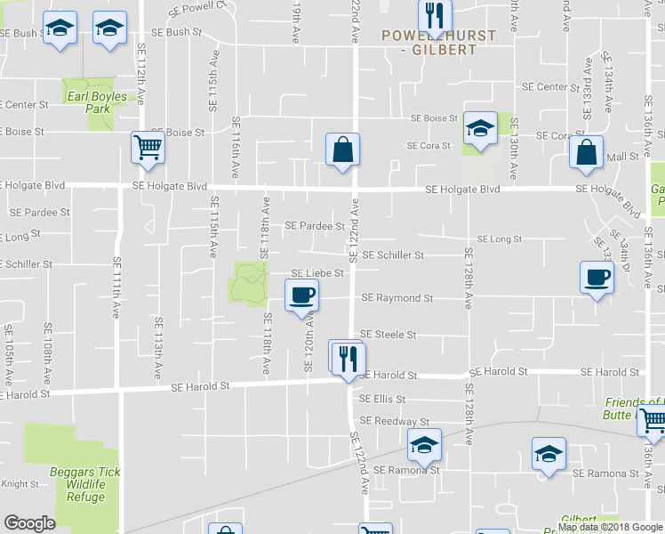 map of restaurants, bars, coffee shops, grocery stores, and more near 12051 Southeast Liebe Street in Portland