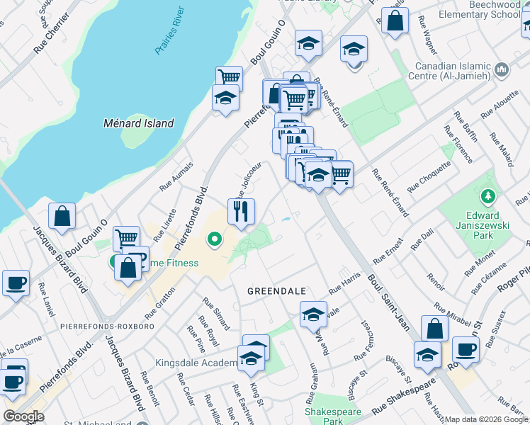 map of restaurants, bars, coffee shops, grocery stores, and more near 14411 Rue Harry-Worth in Montréal
