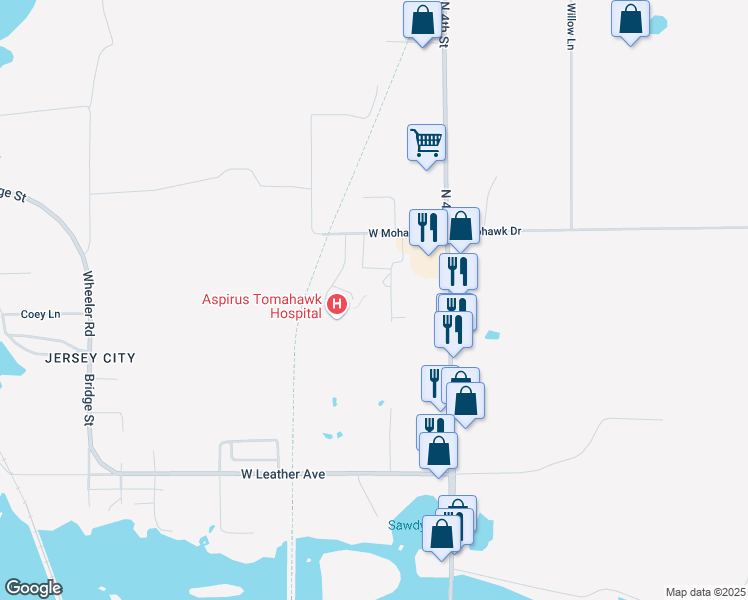 map of restaurants, bars, coffee shops, grocery stores, and more near 215 West Mohawk Drive in Tomahawk