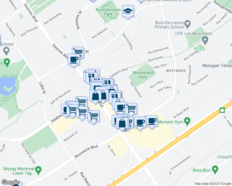 map of restaurants, bars, coffee shops, grocery stores, and more near 37 Rue Davignon in Dollard-des-Ormeaux