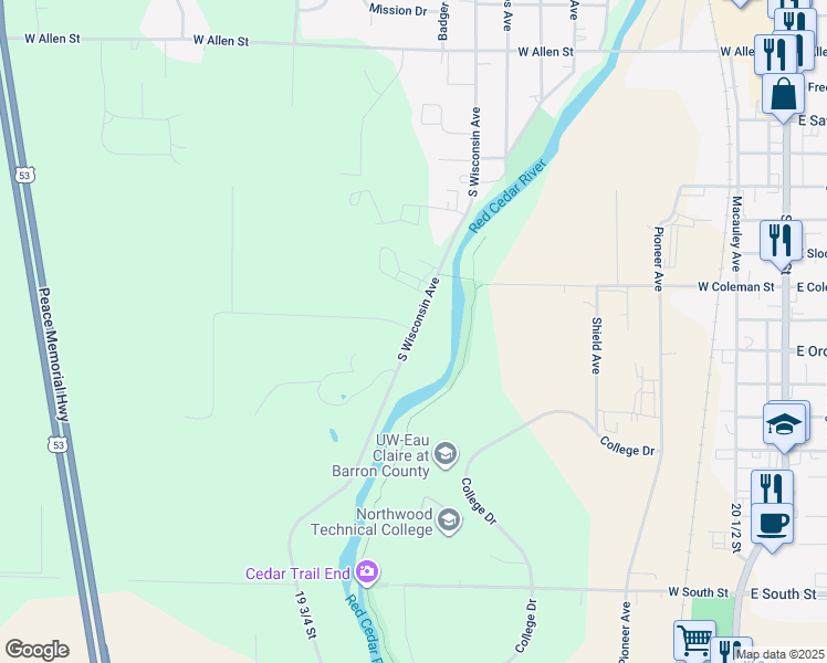 map of restaurants, bars, coffee shops, grocery stores, and more near 1261 South Wisconsin Avenue in Rice Lake