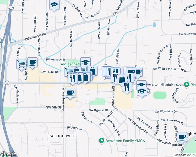 map of restaurants, bars, coffee shops, grocery stores, and more near 4535 Southwest 96th Avenue in Beaverton