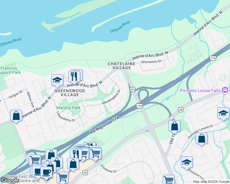 map of restaurants, bars, coffee shops, grocery stores, and more near 369 Mockingbird Drive in Ottawa