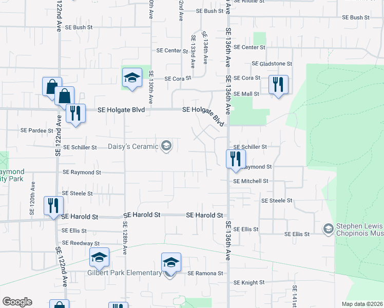 map of restaurants, bars, coffee shops, grocery stores, and more near 4745 Southeast 133rd Drive in Portland